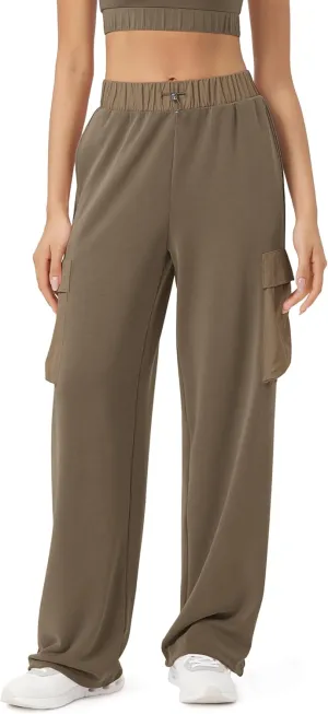 ODODOS Women's Modal Soft Wide Leg Cargo Pants with Pockets Adjustable Shockcord High Waist Loose Jogger Pants