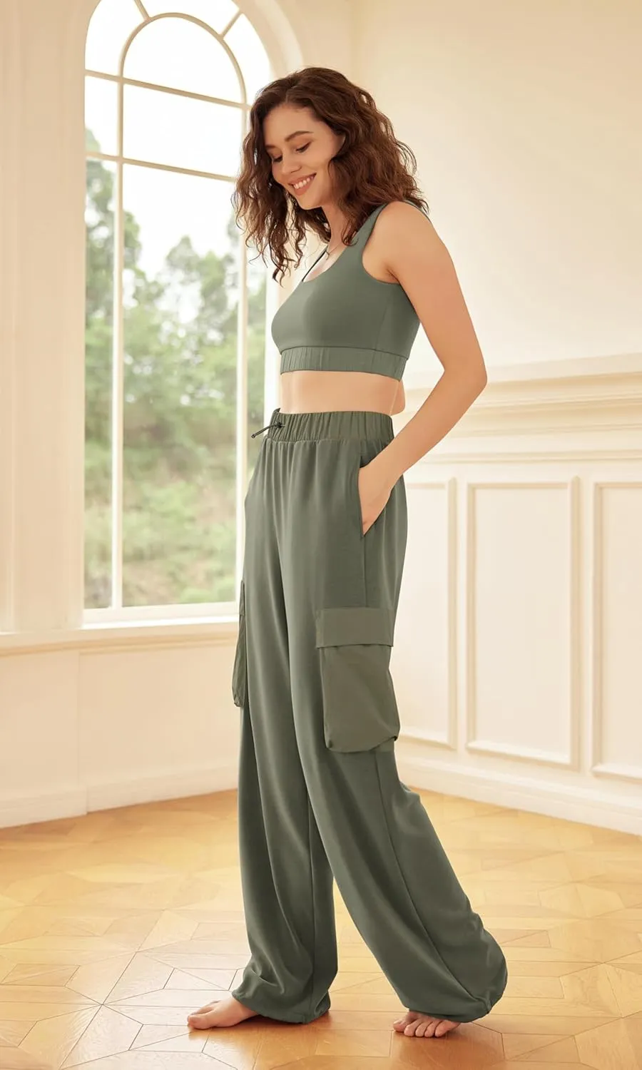 ODODOS Women's Modal Soft Wide Leg Cargo Pants with Pockets Adjustable Shockcord High Waist Loose Jogger Pants