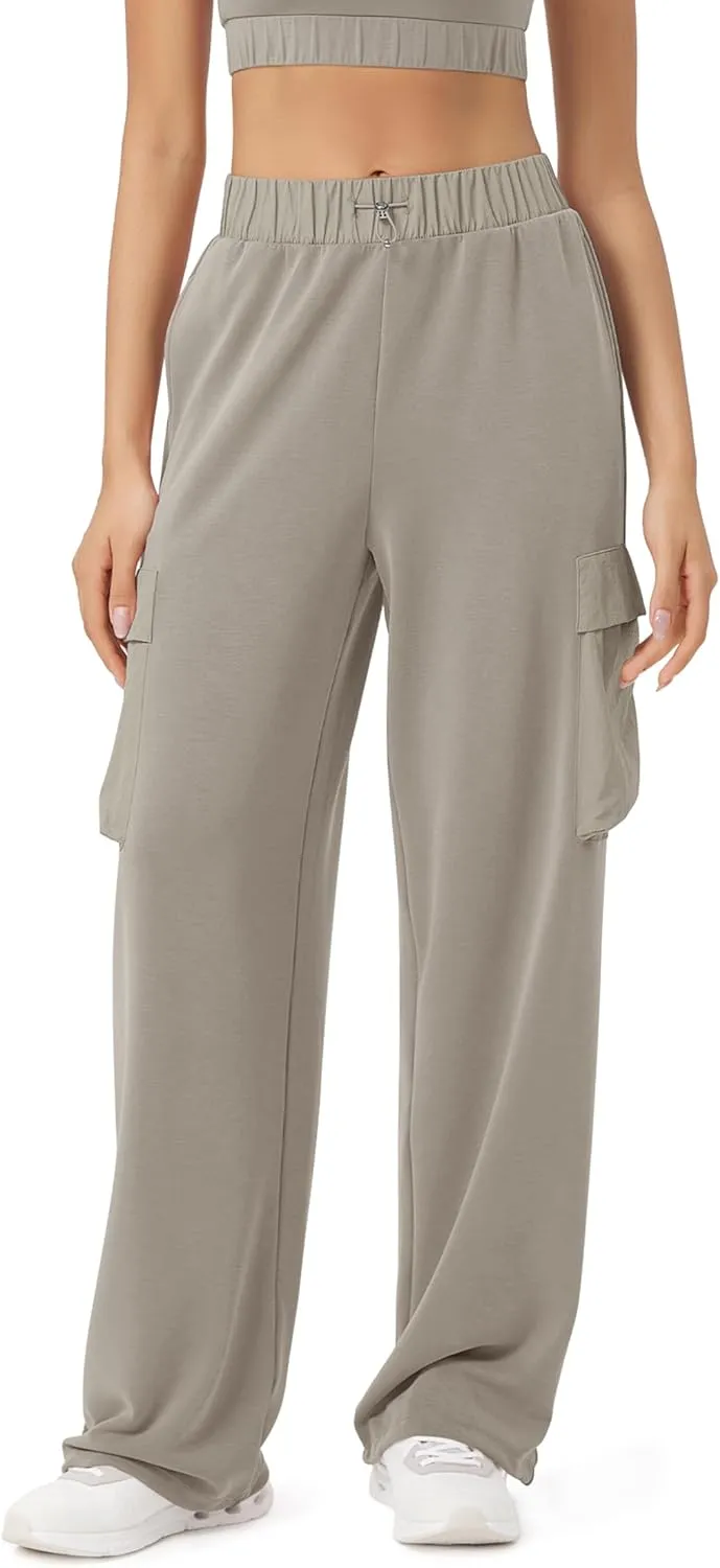 ODODOS Women's Modal Soft Wide Leg Cargo Pants with Pockets Adjustable Shockcord High Waist Loose Jogger Pants
