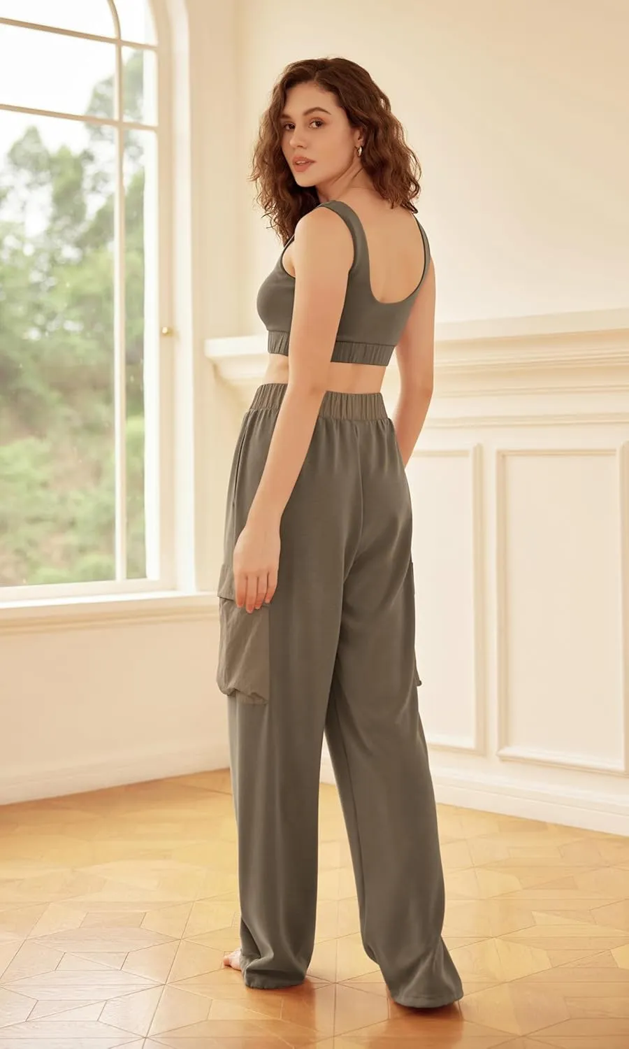 ODODOS Women's Modal Soft Wide Leg Cargo Pants with Pockets Adjustable Shockcord High Waist Loose Jogger Pants