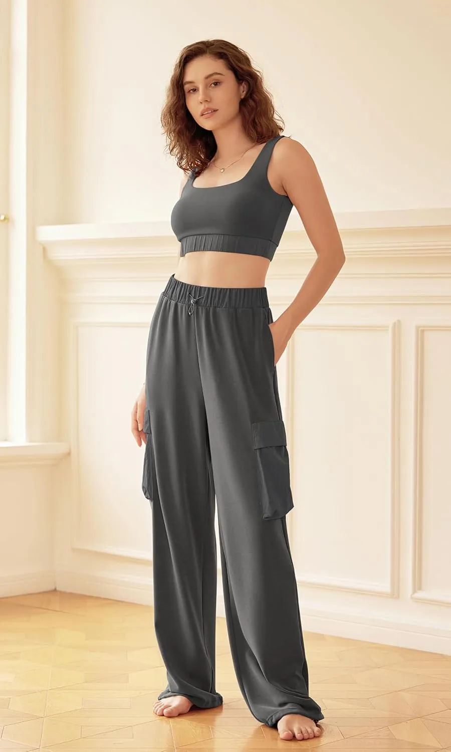 ODODOS Women's Modal Soft Wide Leg Cargo Pants with Pockets Adjustable Shockcord High Waist Loose Jogger Pants