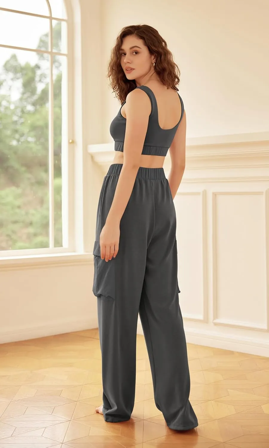 ODODOS Women's Modal Soft Wide Leg Cargo Pants with Pockets Adjustable Shockcord High Waist Loose Jogger Pants