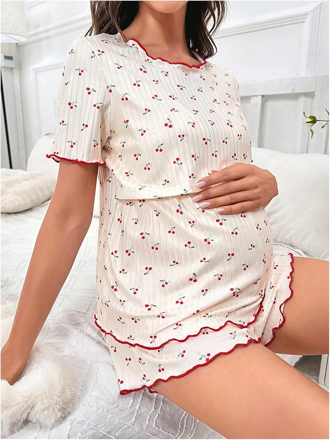 OYOANGLE Women's Maternity 2 Piece Pajama Set Pj Sets Loungewear Nursing Printed Knitted T Shirt and Shorts