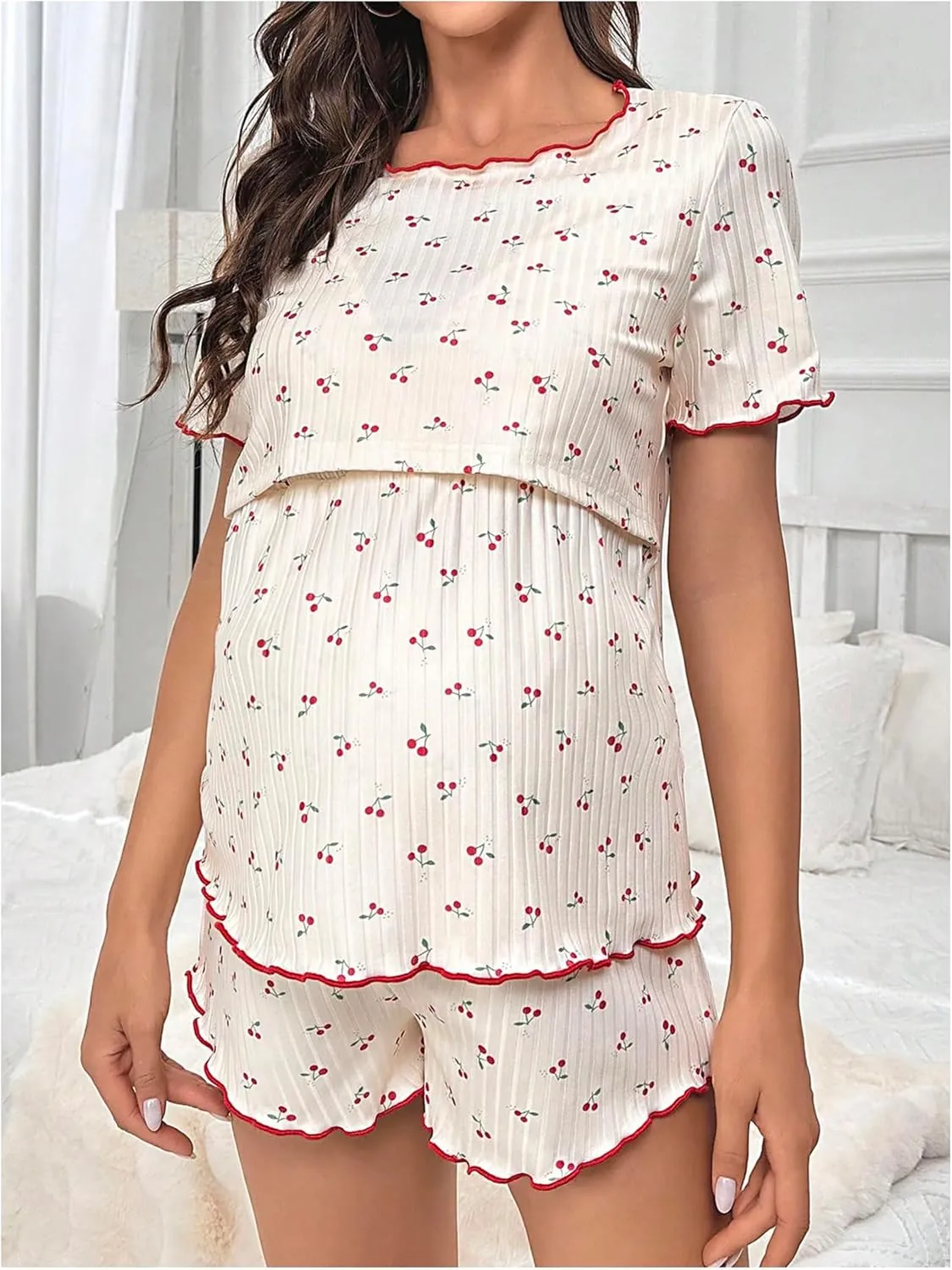 OYOANGLE Women's Maternity 2 Piece Pajama Set Pj Sets Loungewear Nursing Printed Knitted T Shirt and Shorts