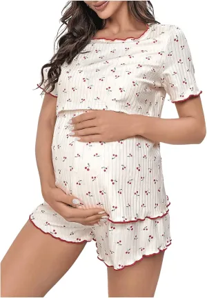 OYOANGLE Women's Maternity 2 Piece Pajama Set Pj Sets Loungewear Nursing Printed Knitted T Shirt and Shorts