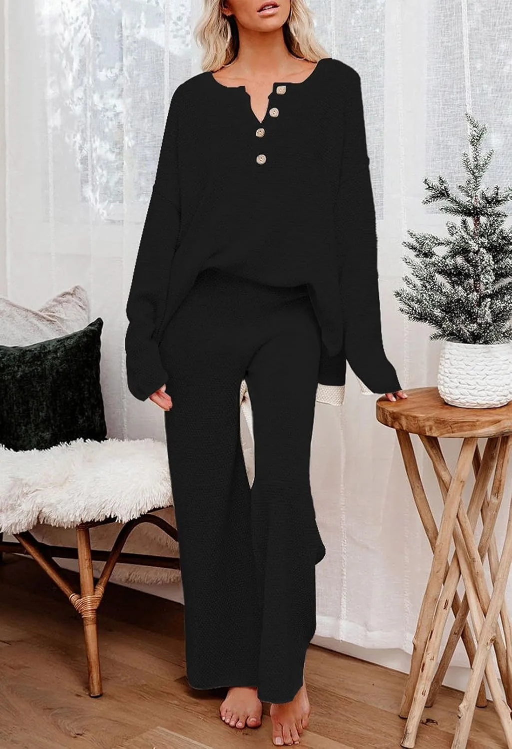 Pink Queen Women's 2 Piece Outfit Set Long Sleeve Button Pullover Sweater Top and Wide Leg Pants Knit Sweatsuit