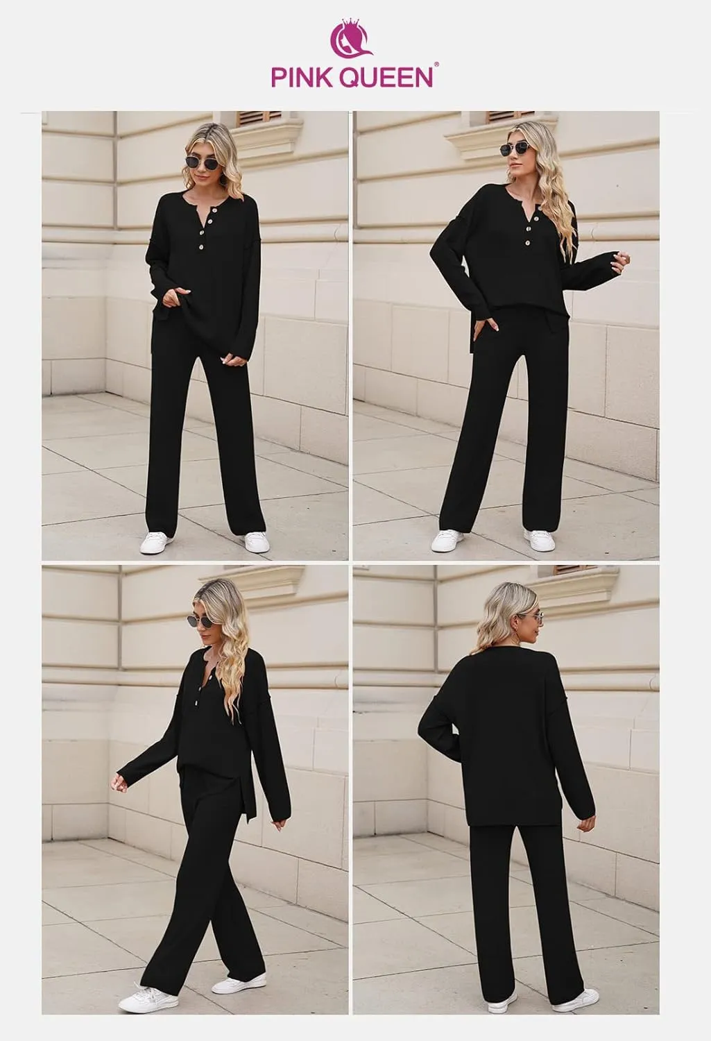 Pink Queen Women's 2 Piece Outfit Set Long Sleeve Button Pullover Sweater Top and Wide Leg Pants Knit Sweatsuit