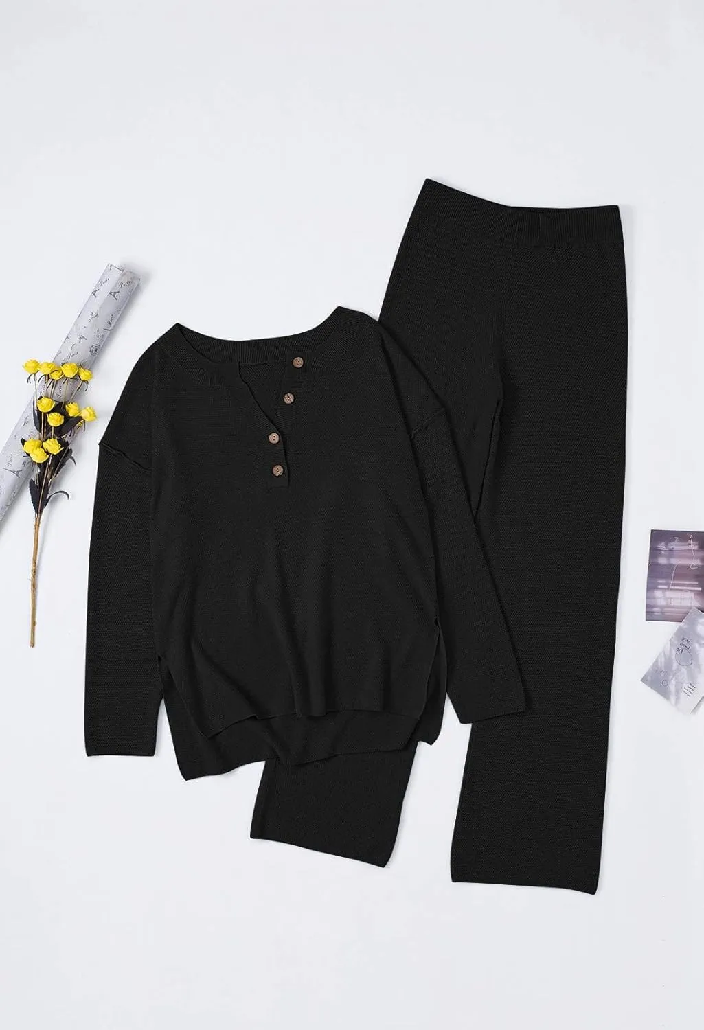 Pink Queen Women's 2 Piece Outfit Set Long Sleeve Button Pullover Sweater Top and Wide Leg Pants Knit Sweatsuit