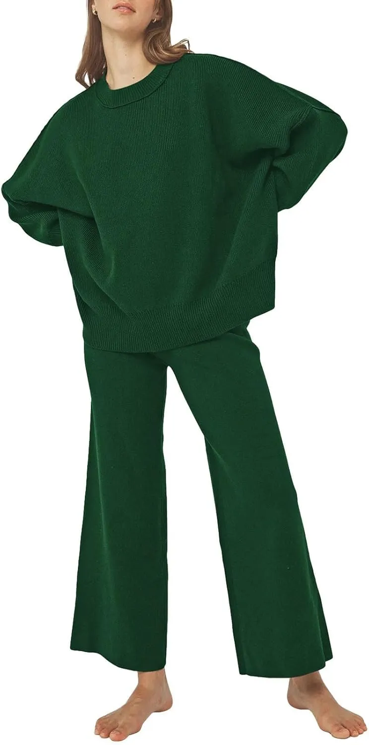 Pink Queen Women's 2 Piece Outfits Sweater Sets Knit Pullover Tops And Wide Leg Pants Loose Tracksuit Lounge Set