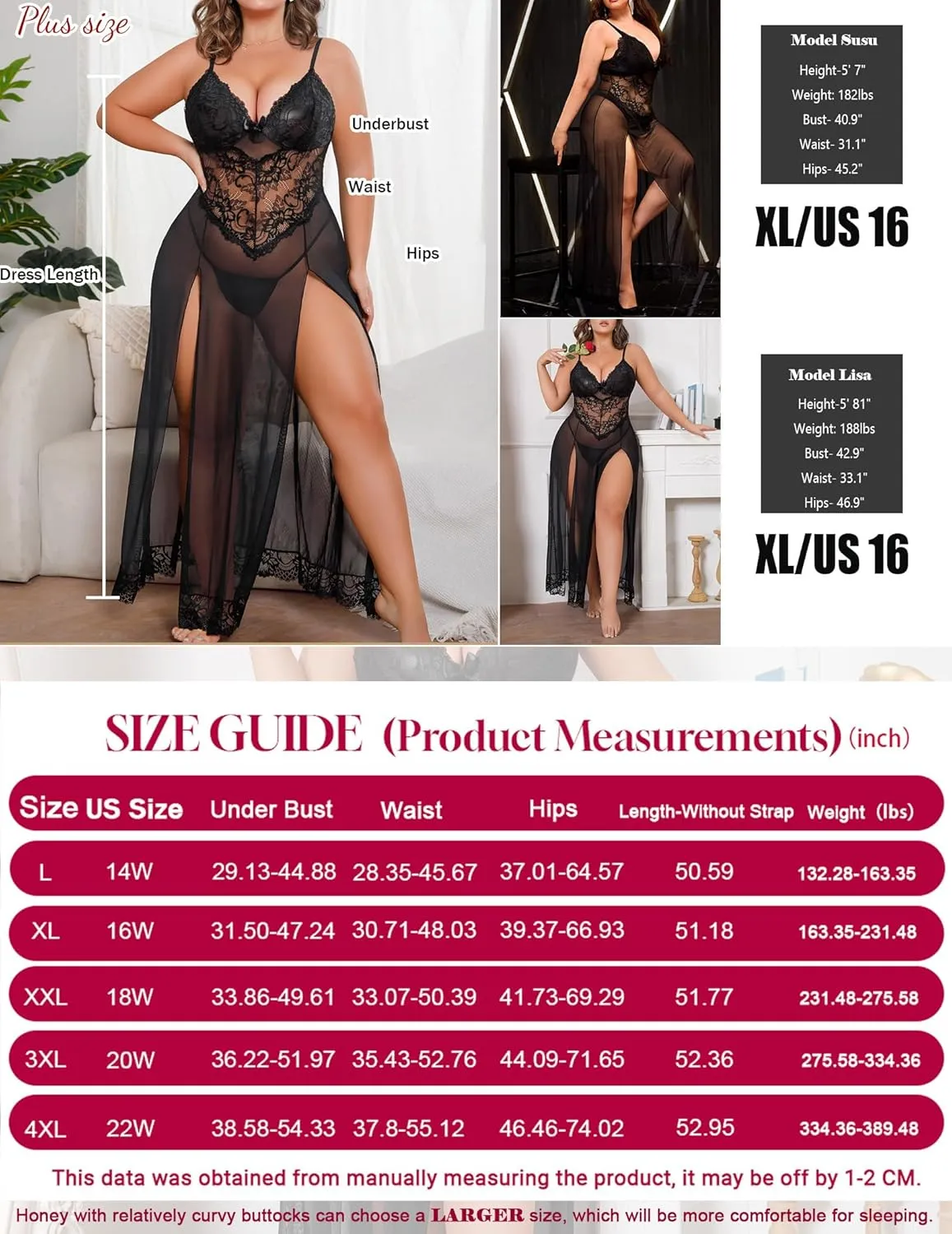 Plus Size Lingerie For Women Babydoll Sexy Mesh Maxi Nightdress Exotic Sleepwear Side Slits