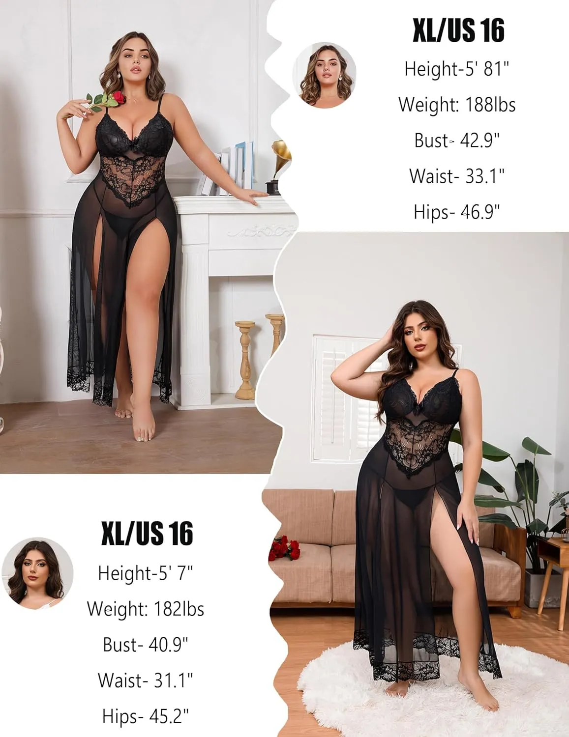 Plus Size Lingerie For Women Babydoll Sexy Mesh Maxi Nightdress Exotic Sleepwear Side Slits
