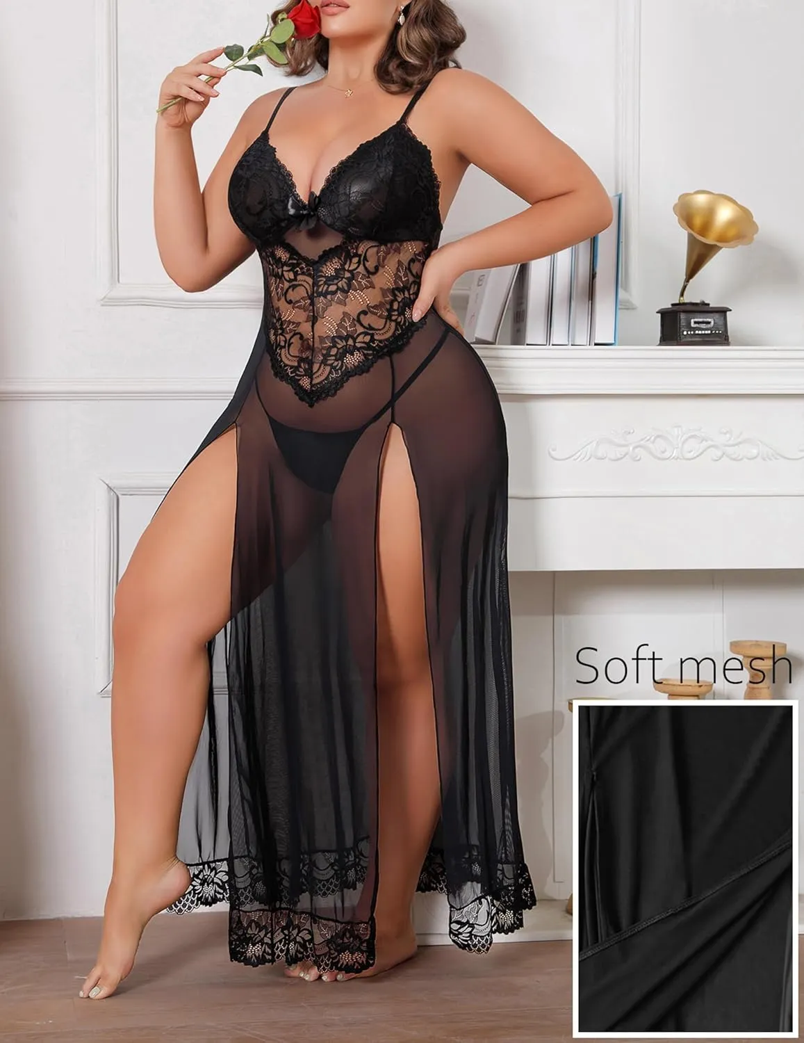 Plus Size Lingerie For Women Babydoll Sexy Mesh Maxi Nightdress Exotic Sleepwear Side Slits