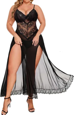 Plus Size Lingerie For Women Babydoll Sexy Mesh Maxi Nightdress Exotic Sleepwear Side Slits