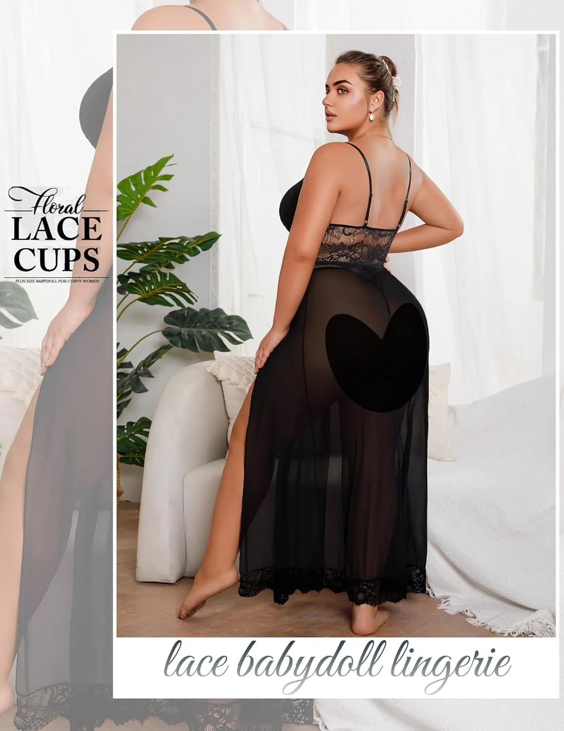 Plus Size Lingerie For Women Babydoll Sexy Mesh Maxi Nightdress Exotic Sleepwear Side Slits