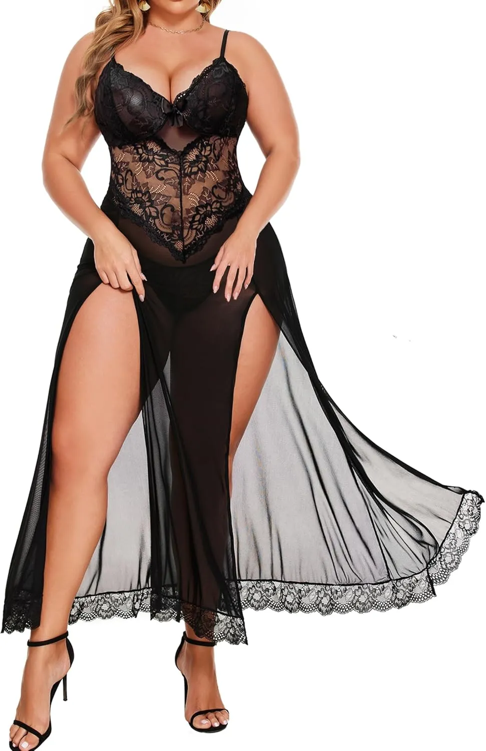 Plus Size Lingerie For Women Babydoll Sexy Mesh Maxi Nightdress Exotic Sleepwear Side Slits