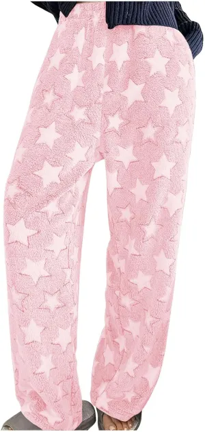 Plush Pajama Pants Women Fluffy Fleece Lounge Pants Fuzzy Warm Pj Bottoms Star Graphic Flannel Loungewear Pants