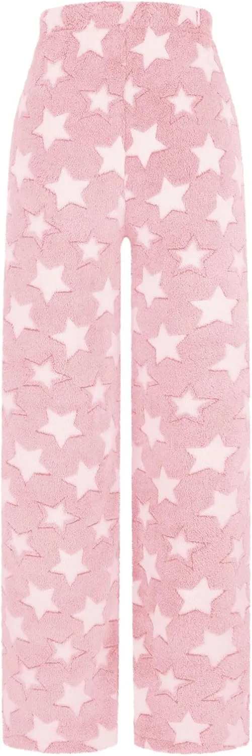 Plush Pajama Pants Women Fluffy Fleece Lounge Pants Fuzzy Warm Pj Bottoms Star Graphic Flannel Loungewear Pants