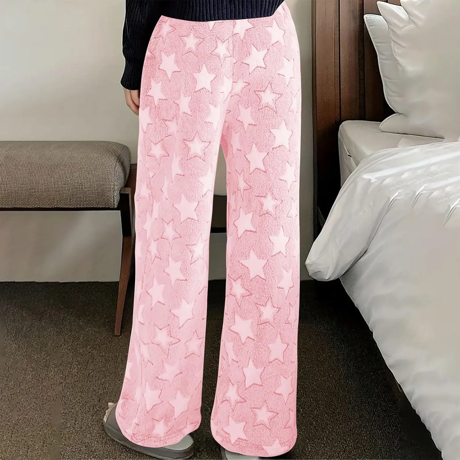 Plush Pajama Pants Women Fluffy Fleece Lounge Pants Fuzzy Warm Pj Bottoms Star Graphic Flannel Loungewear Pants