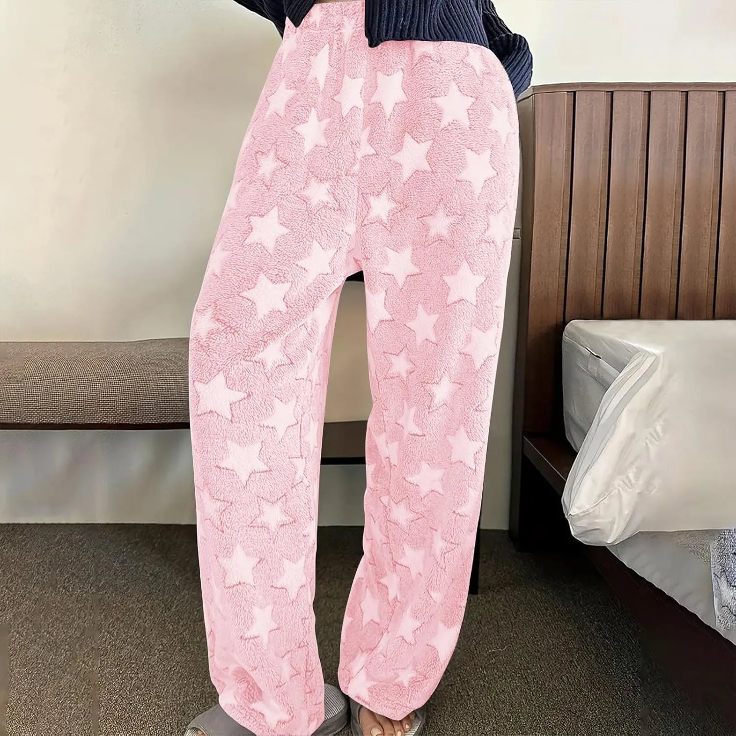 Plush Pajama Pants Women Fluffy Fleece Lounge Pants Fuzzy Warm Pj Bottoms Star Graphic Flannel Loungewear Pants