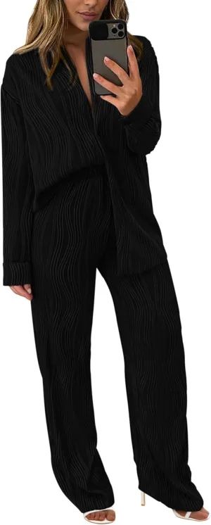 PRETTYGARDEN Women's 2 Piece Textured Sets Casual Button Down Shirt Wide Leg Pants Outfit Loungewear Tracksuit