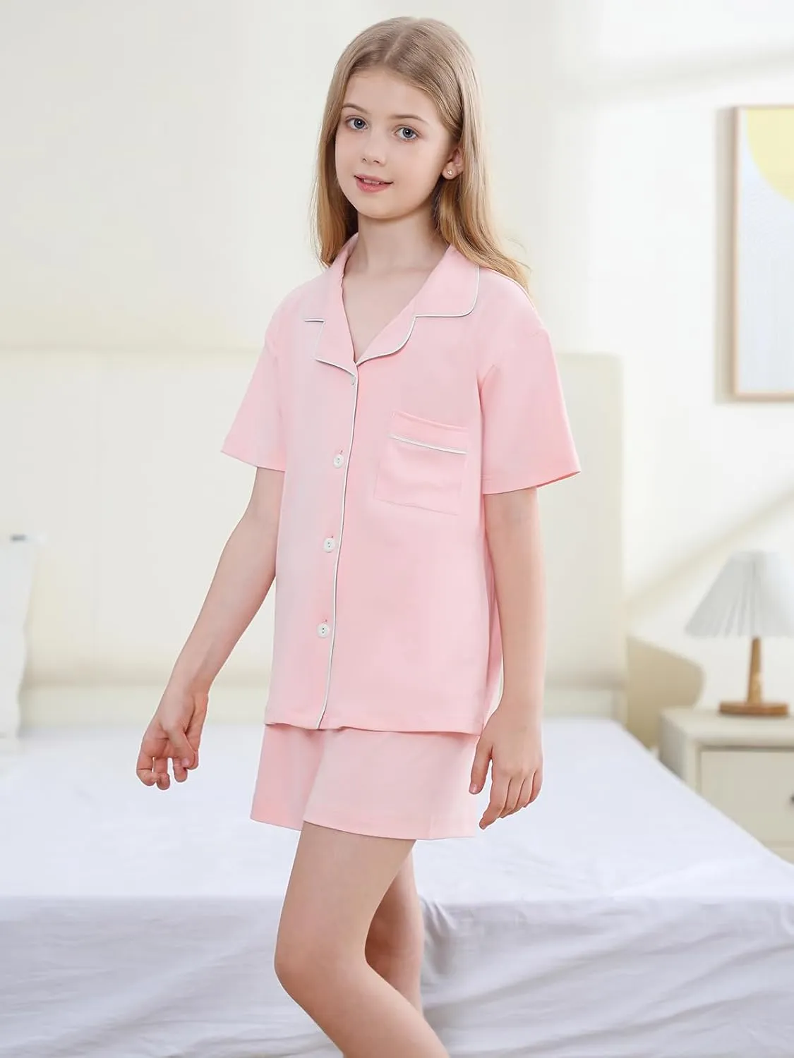 QZH.DUAO Girls Pajamas Set 100% Cotton PJ Set Button-Down Short Sleeve Sleepwear for Ages 5-14