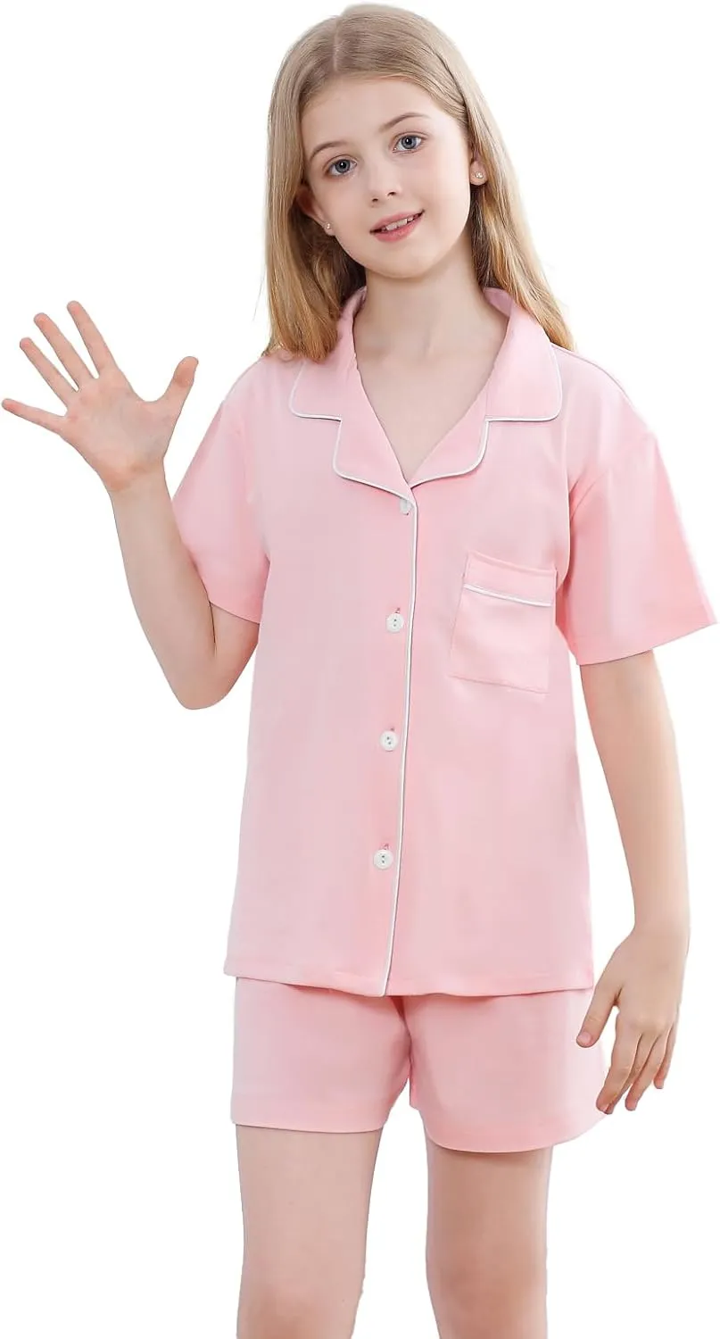 QZH.DUAO Girls Pajamas Set 100% Cotton PJ Set Button-Down Short Sleeve Sleepwear for Ages 5-14