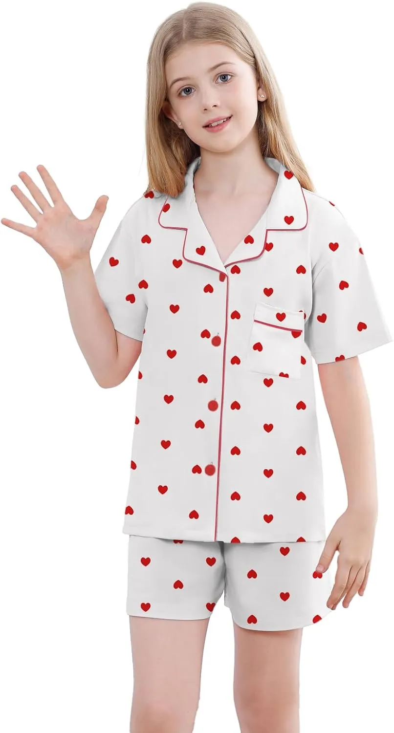 QZH.DUAO Girls Pajamas Set 100% Cotton PJ Set Button-Down Short Sleeve Sleepwear for Ages 5-14