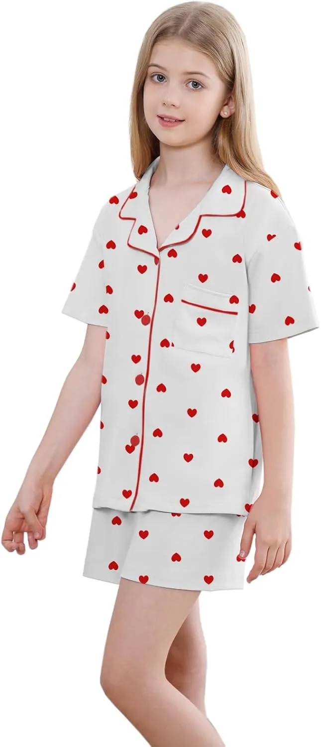 QZH.DUAO Girls Pajamas Set 100% Cotton PJ Set Button-Down Short Sleeve Sleepwear for Ages 5-14
