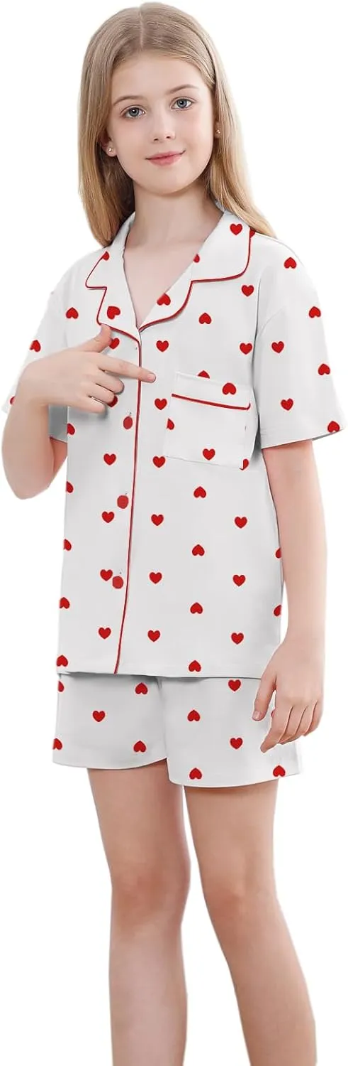 QZH.DUAO Girls Pajamas Set 100% Cotton PJ Set Button-Down Short Sleeve Sleepwear for Ages 5-14
