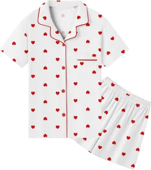 QZH.DUAO Girls Pajamas Set 100% Cotton PJ Set Button-Down Short Sleeve Sleepwear for Ages 5-14