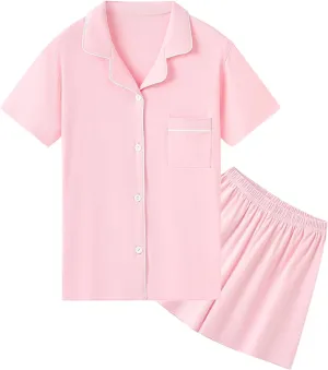 QZH.DUAO Girls Pajamas Set 100% Cotton PJ Set Button-Down Short Sleeve Sleepwear for Ages 5-14