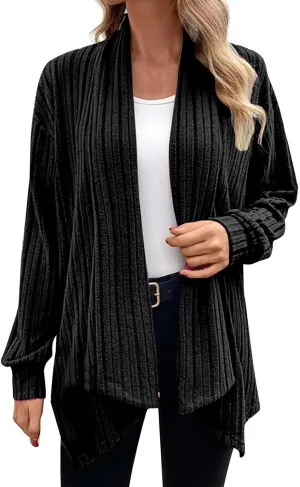 Ribbed Cardigan Women Dressy Irregular Hem Long Sleeve Striped Knit Sweater Open Front Loose Outerwear Loungewear