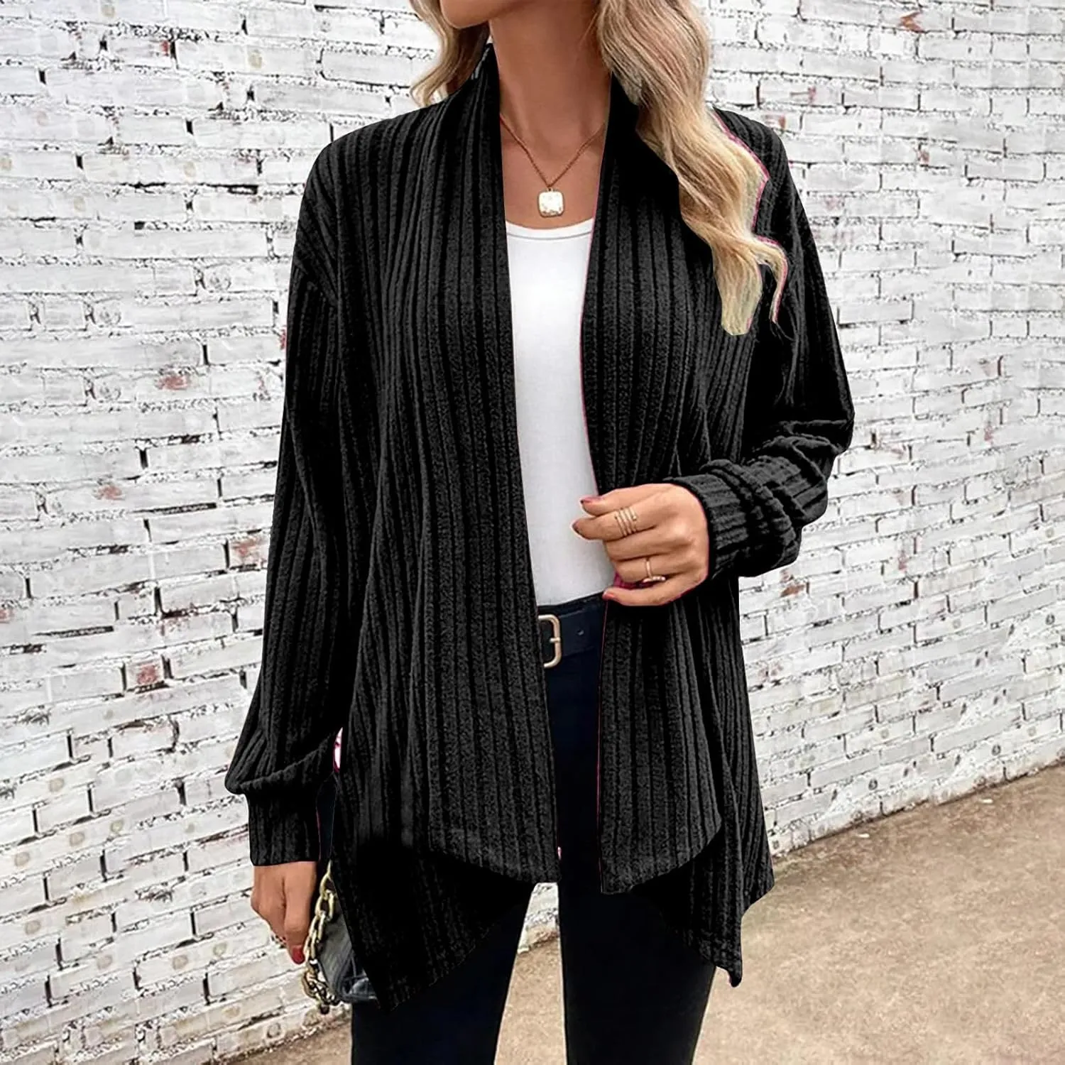 Ribbed Cardigan Women Dressy Irregular Hem Long Sleeve Striped Knit Sweater Open Front Loose Outerwear Loungewear