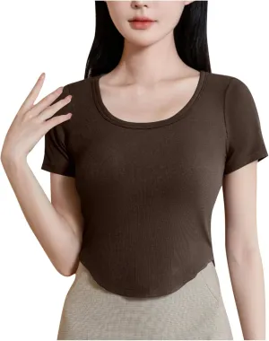 Ribbed Workout Crop Tops with Built in Bra Women's Casual Slim Fitness Short Sleeve Yoga Shirts U Neck Athletic Tees