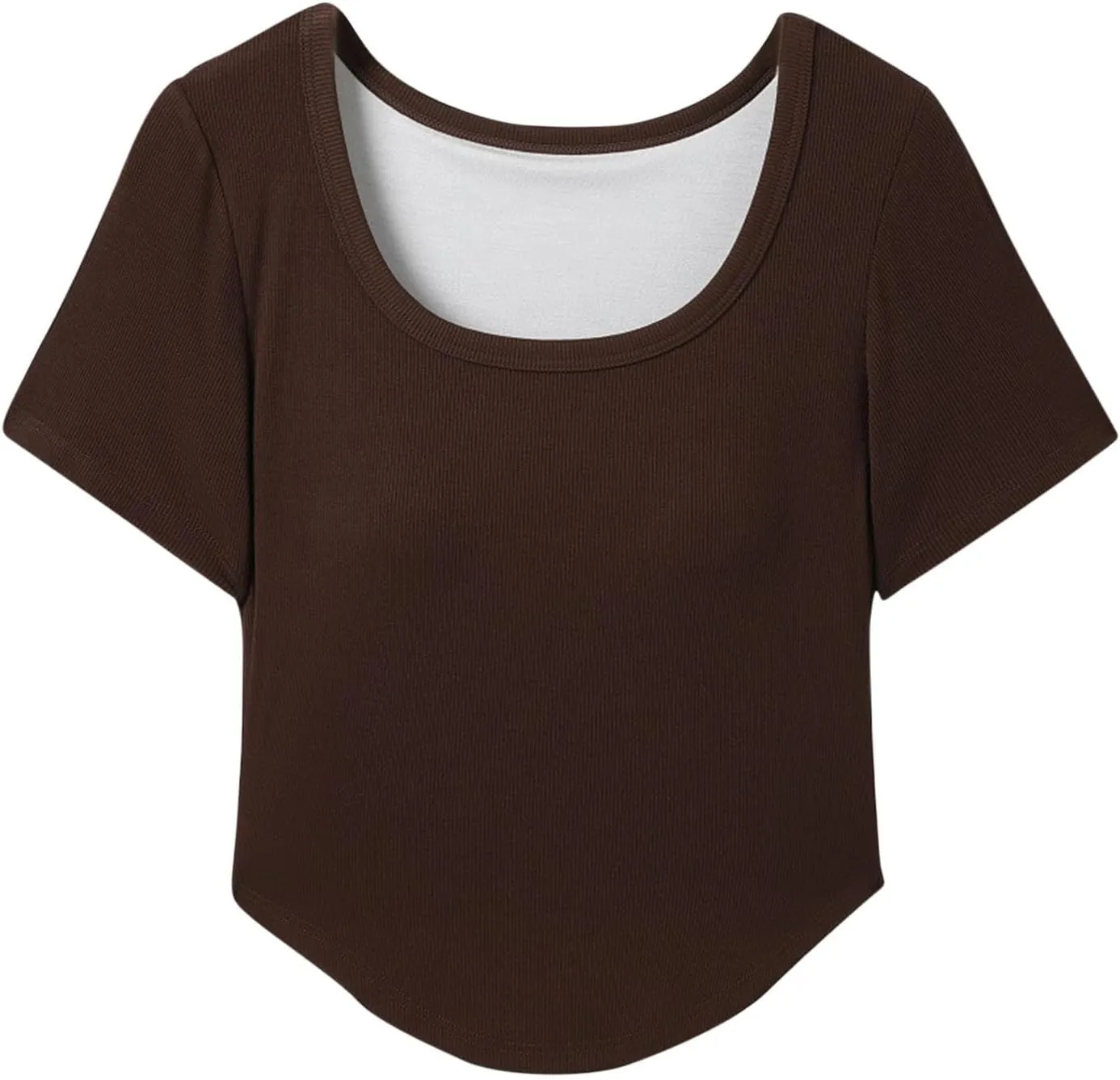 Ribbed Workout Crop Tops with Built in Bra Women's Casual Slim Fitness Short Sleeve Yoga Shirts U Neck Athletic Tees