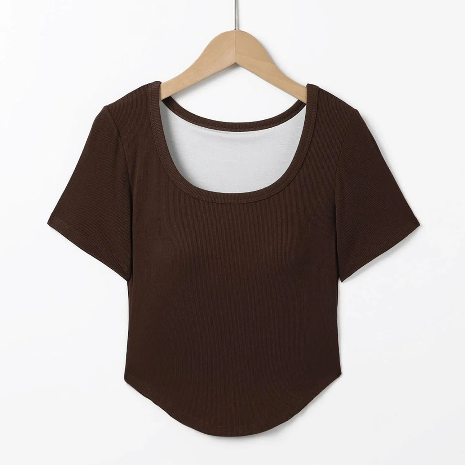 Ribbed Workout Crop Tops with Built in Bra Women's Casual Slim Fitness Short Sleeve Yoga Shirts U Neck Athletic Tees