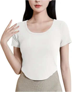 Ribbed Workout Crop Tops with Built in Bra Women's Casual Slim Fitness Short Sleeve Yoga Shirts U Neck Athletic Tees