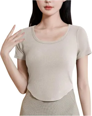 Ribbed Workout Crop Tops with Built in Bra Women's Casual Slim Fitness Short Sleeve Yoga Shirts U Neck Athletic Tees