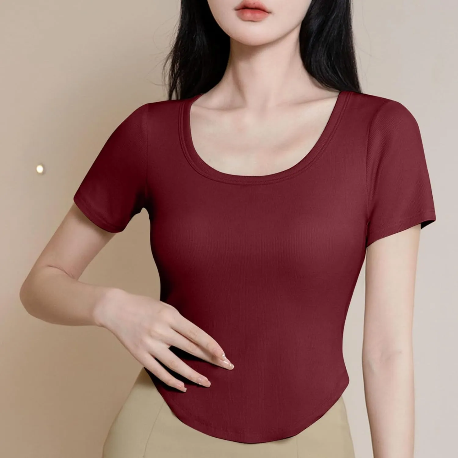 Ribbed Workout Crop Tops with Built in Bra Women's Casual Slim Fitness Short Sleeve Yoga Shirts U Neck Athletic Tees