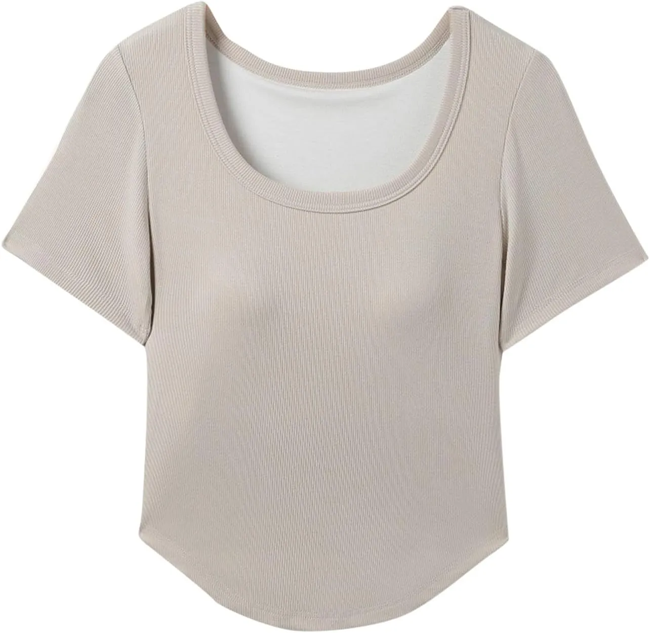 Ribbed Workout Crop Tops with Built in Bra Women's Casual Slim Fitness Short Sleeve Yoga Shirts U Neck Athletic Tees