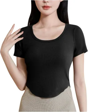 Ribbed Workout Crop Tops with Built in Bra Women's Casual Slim Fitness Short Sleeve Yoga Shirts U Neck Athletic Tees