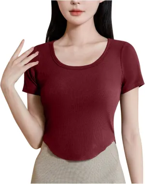 Ribbed Workout Crop Tops with Built in Bra Women's Casual Slim Fitness Short Sleeve Yoga Shirts U Neck Athletic Tees