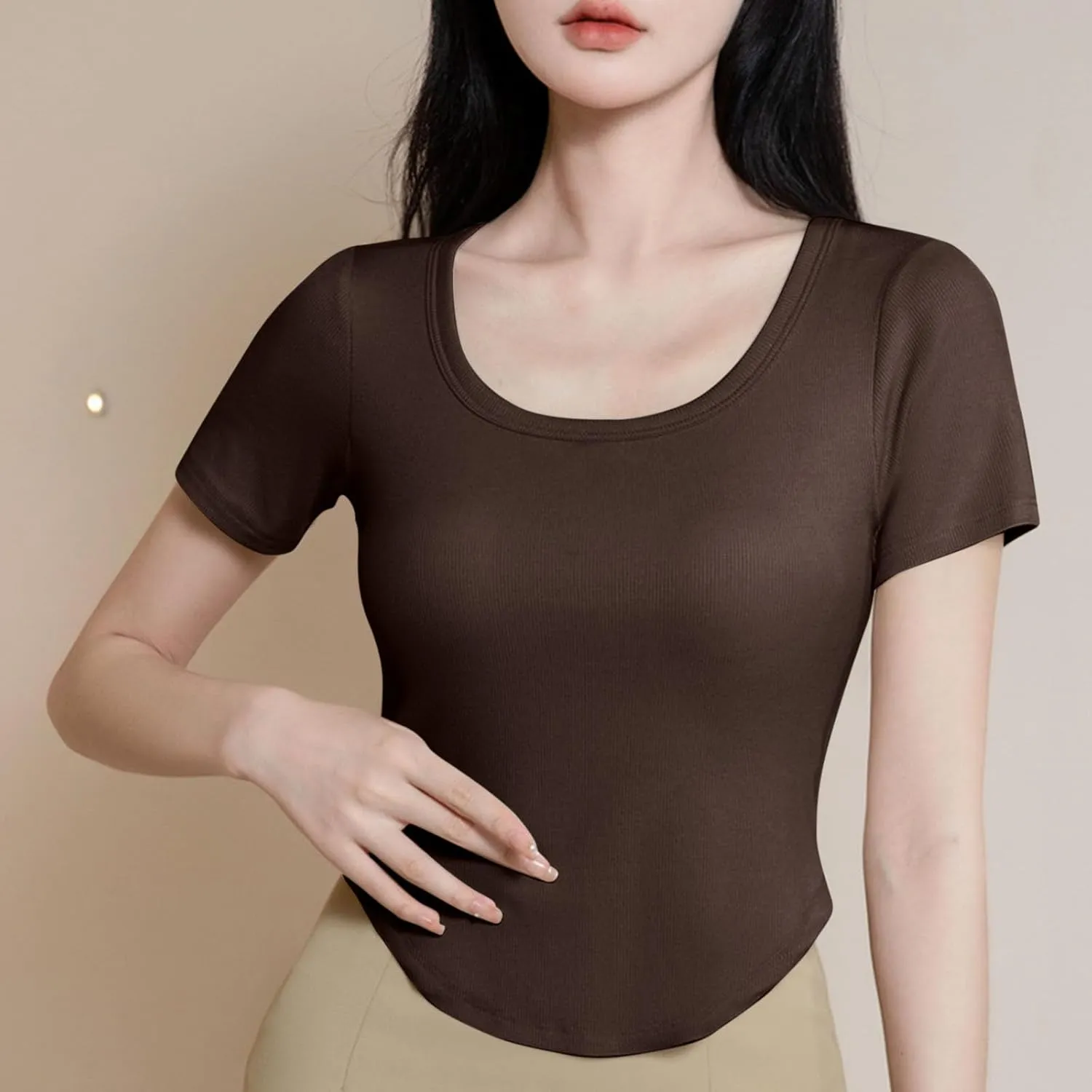 Ribbed Workout Crop Tops with Built in Bra Women's Casual Slim Fitness Short Sleeve Yoga Shirts U Neck Athletic Tees