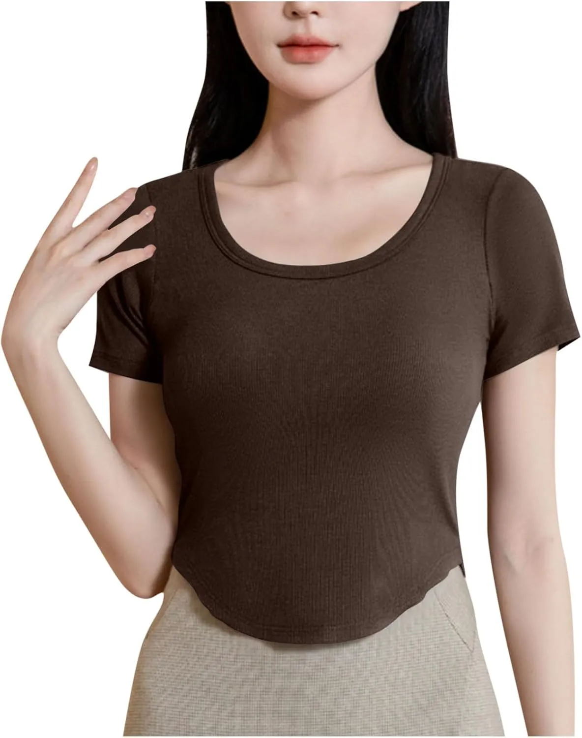 Ribbed Workout Crop Tops with Built in Bra Women's Casual Slim Fitness Short Sleeve Yoga Shirts U Neck Athletic Tees