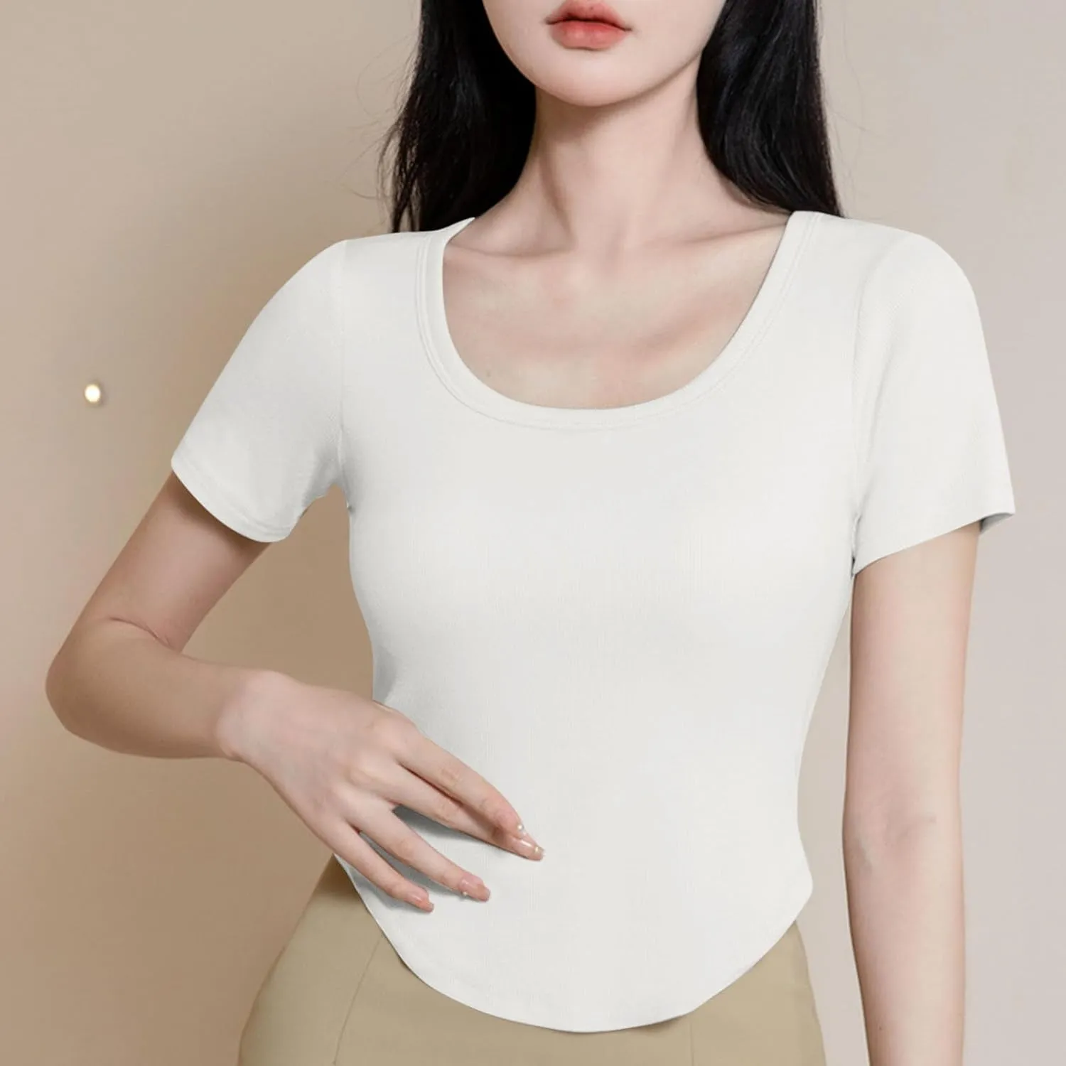 Ribbed Workout Crop Tops with Built in Bra Women's Casual Slim Fitness Short Sleeve Yoga Shirts U Neck Athletic Tees