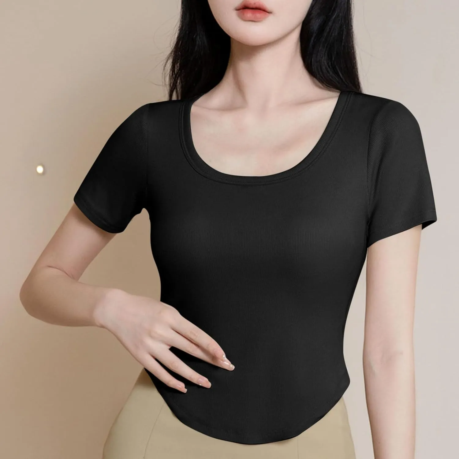 Ribbed Workout Crop Tops with Built in Bra Women's Casual Slim Fitness Short Sleeve Yoga Shirts U Neck Athletic Tees