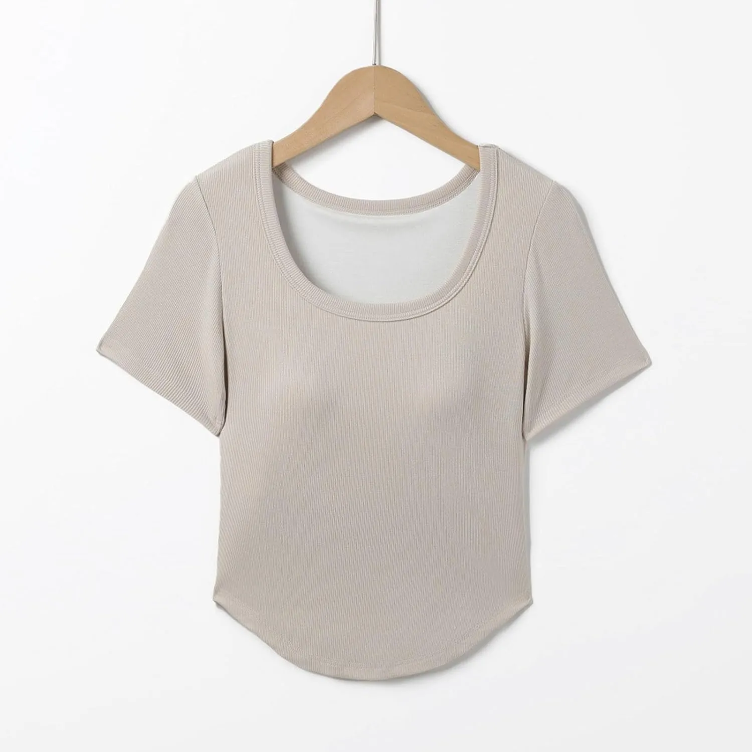 Ribbed Workout Crop Tops with Built in Bra Women's Casual Slim Fitness Short Sleeve Yoga Shirts U Neck Athletic Tees