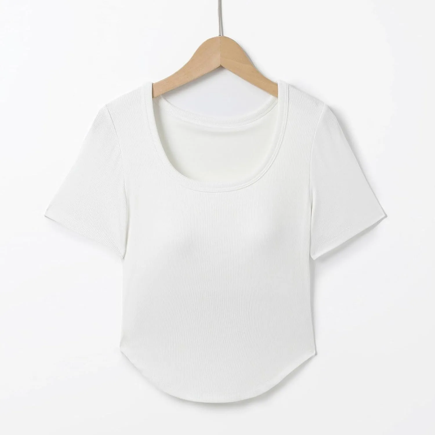 Ribbed Workout Crop Tops with Built in Bra Women's Casual Slim Fitness Short Sleeve Yoga Shirts U Neck Athletic Tees