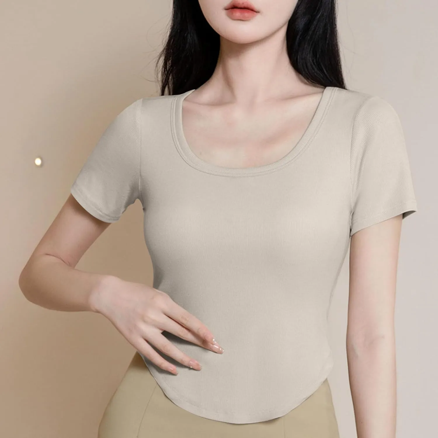 Ribbed Workout Crop Tops with Built in Bra Women's Casual Slim Fitness Short Sleeve Yoga Shirts U Neck Athletic Tees