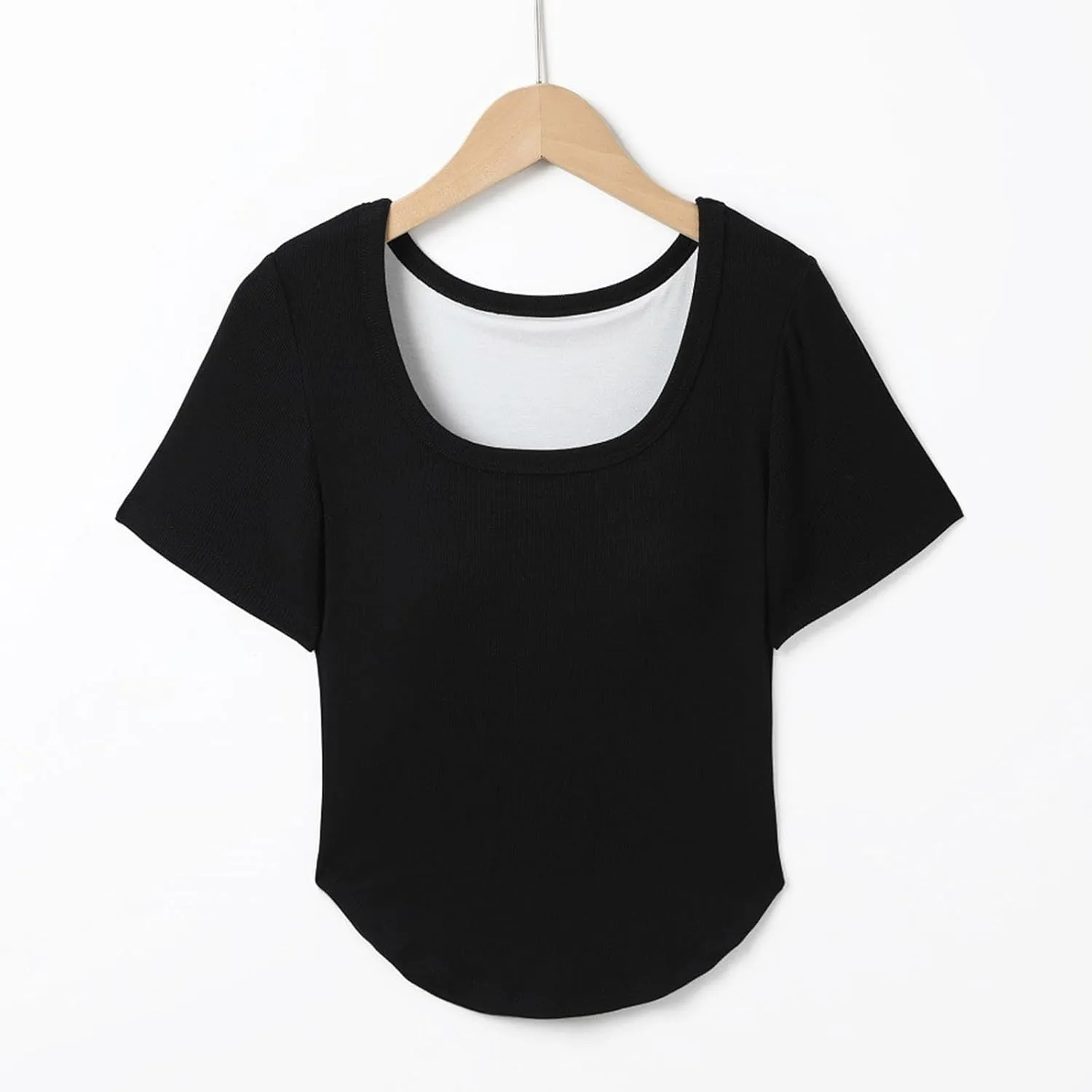Ribbed Workout Crop Tops with Built in Bra Women's Casual Slim Fitness Short Sleeve Yoga Shirts U Neck Athletic Tees